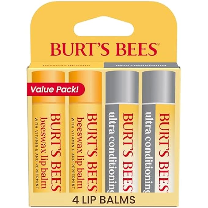 Burt's Bees LIP BALM BEESWAX AND ULTRA CONDITIONING LIP BALM PACK, HYDRATING LIP MOISTURIZER WITH KOKUM AND SHEA BUTTER, NATURAL ORIGIN LIP CARE, 4 TUBES, 0.15OZ. - Image 1